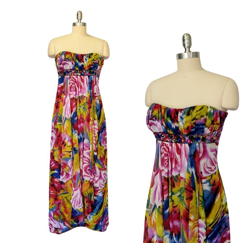 Vintage Y2K Strapless Prom Dress Maxi Gown Size S 7/8 Formal Embellished Multi